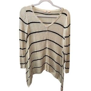 Pink Republic Sweater Long Sleeve V Neck Knit Striped Ivory Black size L